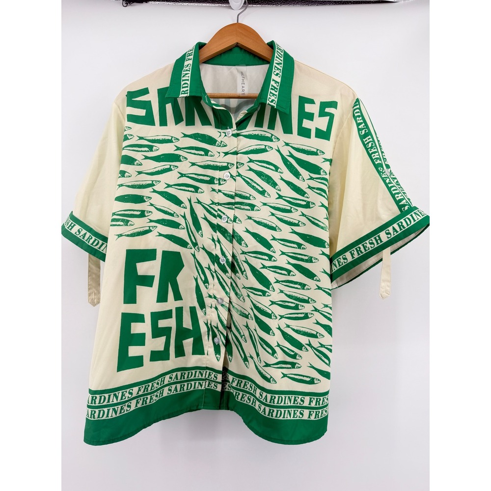 Sardines Core AOP Halfheart Mens Green Fish Print Short Sleeve Button Down Shirt